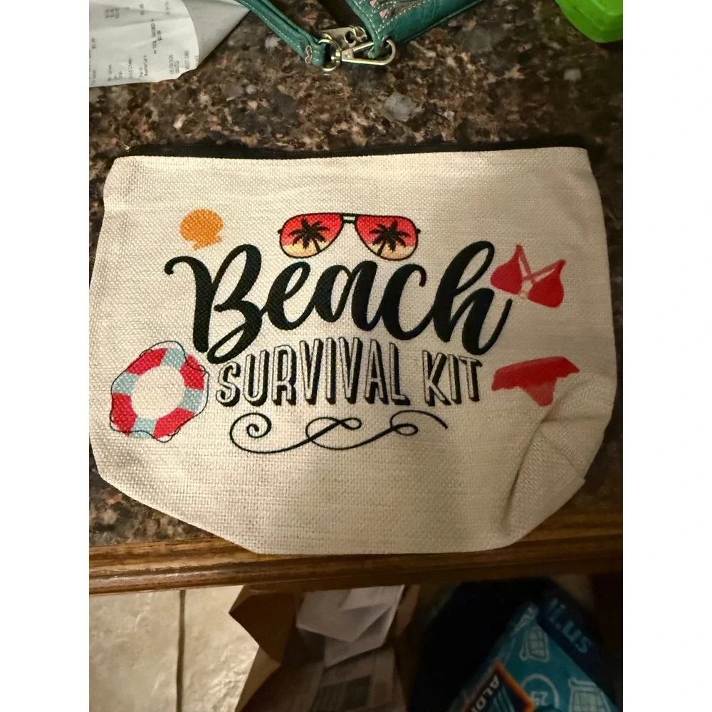 Beach Survival Kit Makeup‎ Bag Linen Zipper Pouch Summer Travel Cosmetic Case